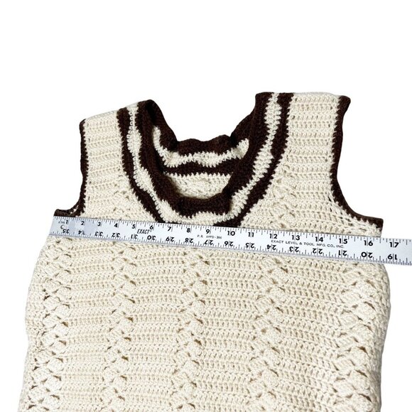 Vintage 70s Women’s Size Small Hand Crocheted Sweater Vest Cream Brown Trim - Picture 3 of 5